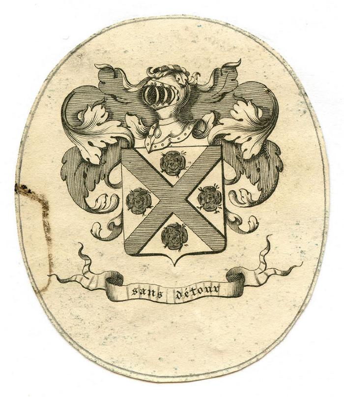 Exlibris-Nr. 589;- (Briand (Briant) du Restou), Etikett: Exlibris, Wappen, Motto; 'sans détour'.  (Prototyp)