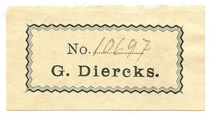 Exlibris-Nr. 632;- (Diercks, G.), Etikett: Exlibris, Name; 'No.
G. Diercks'.  (Prototyp);- (Diercks, G.), Von Hand: Signatur; '10697'. 