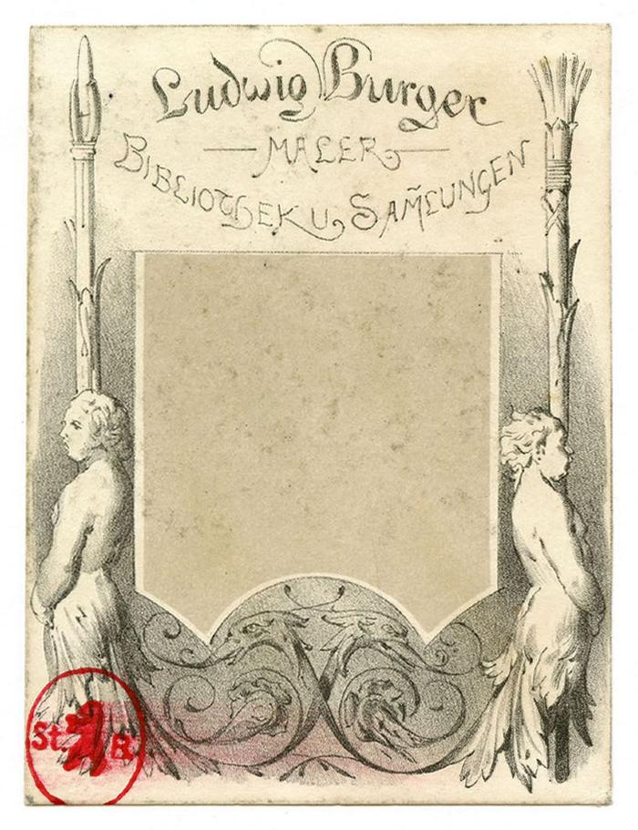 Exlibris-Nr. 621;- (Burger, Ludwig), Etikett: Exlibris; 'Ludwig Burger
Maler
Bibliothek u. Sammlungen'.  (Prototyp)