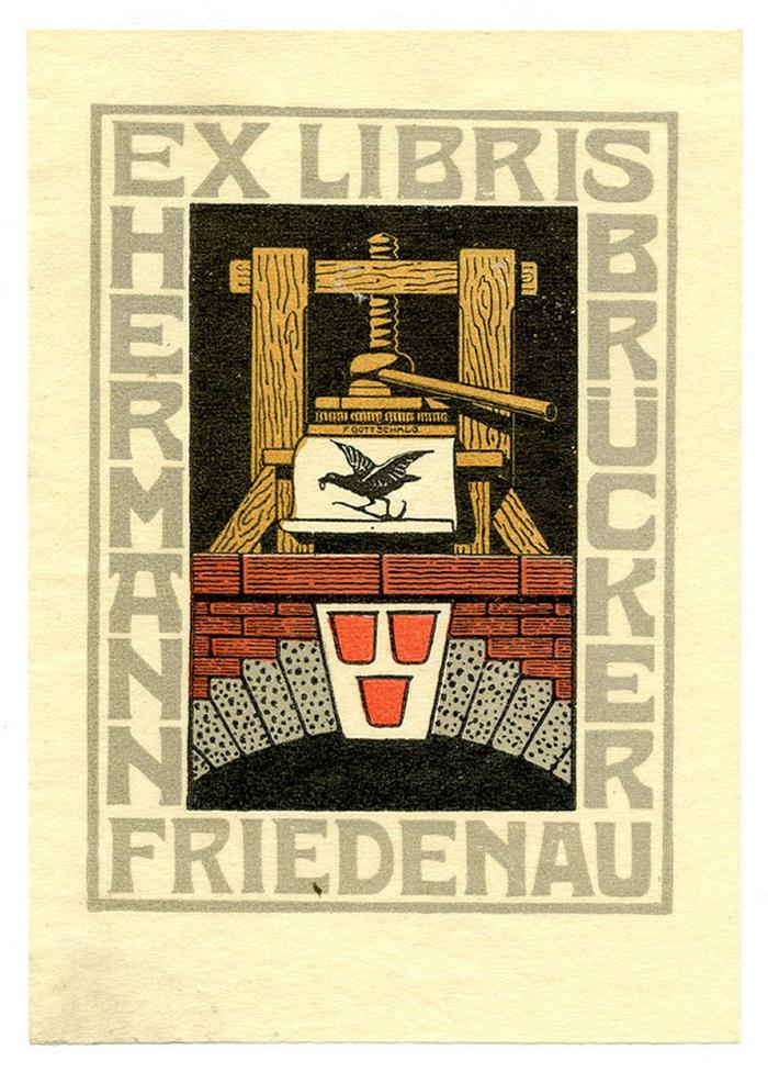 Exlibris-Nr. 614;- (Brücker, Hermann), Etikett: Exlibris, Name, Ortsangabe, Abbildung; 'Ex Libris Hermann Brücker Friedenau'.  (Prototyp)