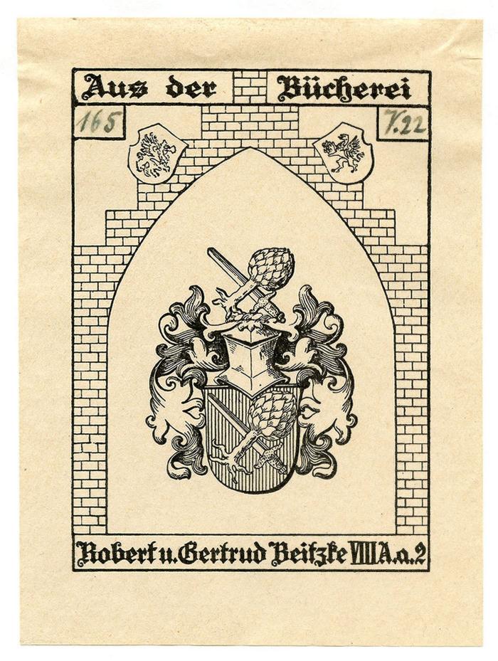 Exlibris-Nr. 607;- (Beitzke, Gertrud;Beitzke, Robert), Von Hand: Signatur; '165 V.22'. 