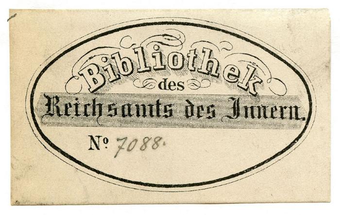 Exlibris-Nr. 563;- (Deutsches Reich. Reichsministerium des Innern), Von Hand: Signatur; '7088.'. 