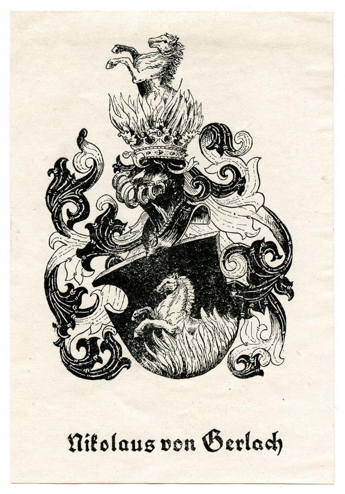 Exlibris-Nr. 659;- (Gerlach, Nikolaus von), Etikett: Wappen, Exlibris, Name; 'Nikolaus von Gerlach'.  (Prototyp)