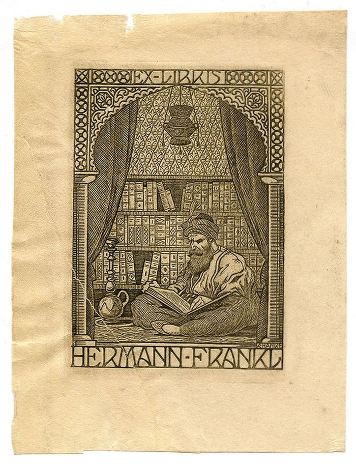 Exlibris-Nr. 647;- (Frankl, Hermann), Etikett: Exlibris, Name, Abbildung; 'Ex-Libris Hermann Frankl
K Hanke'.  (Prototyp)