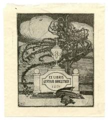 - (Manleitner, Gertrud), Etikett: Exlibris, Name, Initiale, Datum, Abbildung; 'Ex Libris Gertrud Manleitner
1896
A.V.'.  (Prototyp)