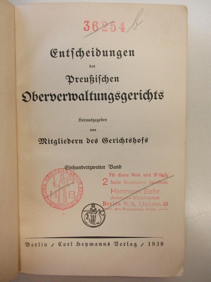 PM 9940-102.1939 : Entscheidungen
des
Preußischen Oberverwaltungsgerichts (1939)