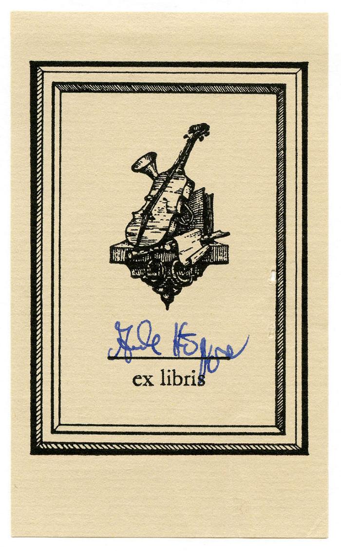 Exlibris-Nr. 678;- (unbekannt), Etikett: Exlibris, Abbildung; 'ex libris'.  (Prototyp);- (H[...],  A[...]), Von Hand: Autogramm, Name; 'A[...] H[...]'. 