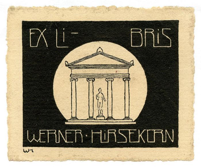 Exlibris-Nr. 677;- (Hirsekorn, Werner), Etikett: Exlibris, Name, Initiale, Abbildung; 'Ex Libris Werner Hirsekorn
WH'.  (Prototyp)