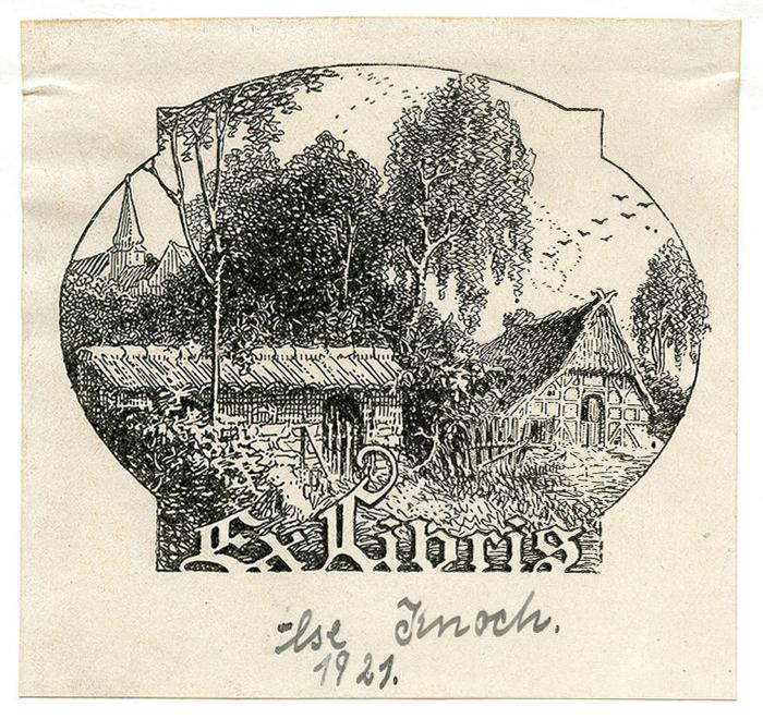 Exlibris-Nr. 689;- (unbekannt;Knoch, Ilse), Etikett: Exlibris, Abbildung; 'Ex Libris'.  (Prototyp);- (Knoch, Ilse), Von Hand: Autogramm, Name, Datum; 'Ilse Knoch. 1921.'. 