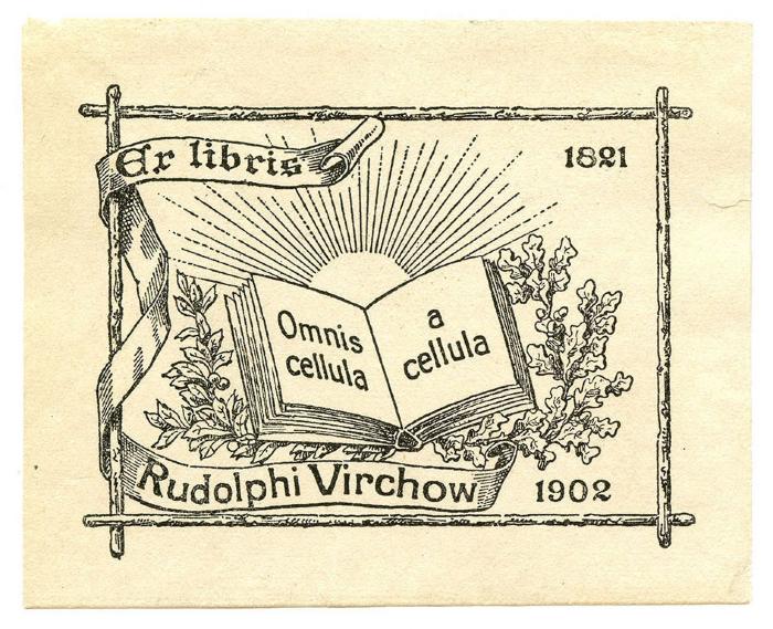 - (Virchow, Rudolf), Etikett: Exlibris, Motto, Name, Datum, Abbildung; 'Exlibris Rudolphi Virchow Omnis cellula a cellula 1821 1902'.  (Prototyp);Exlibris-Nr. 764