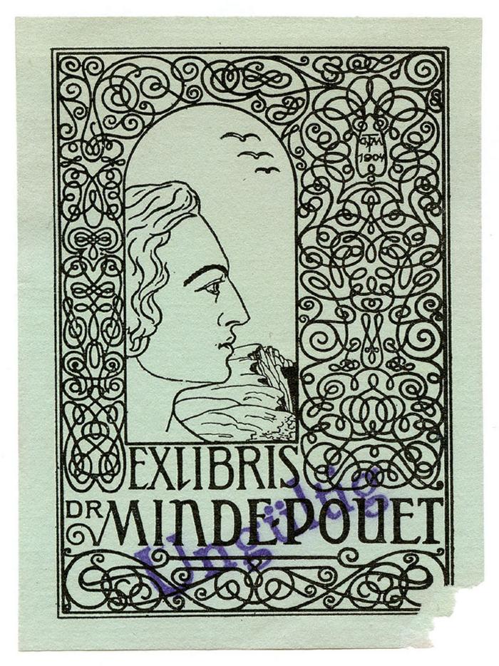 Exlibris-Nr. 712;- (Minde-Pouet, Georg), Etikett: Exlibris, Portrait, Name, Berufsangabe/Titel/Branche, Datum; 'Exlibris
Dr Minde-Pouet
GTM 1904'.  (Prototyp)