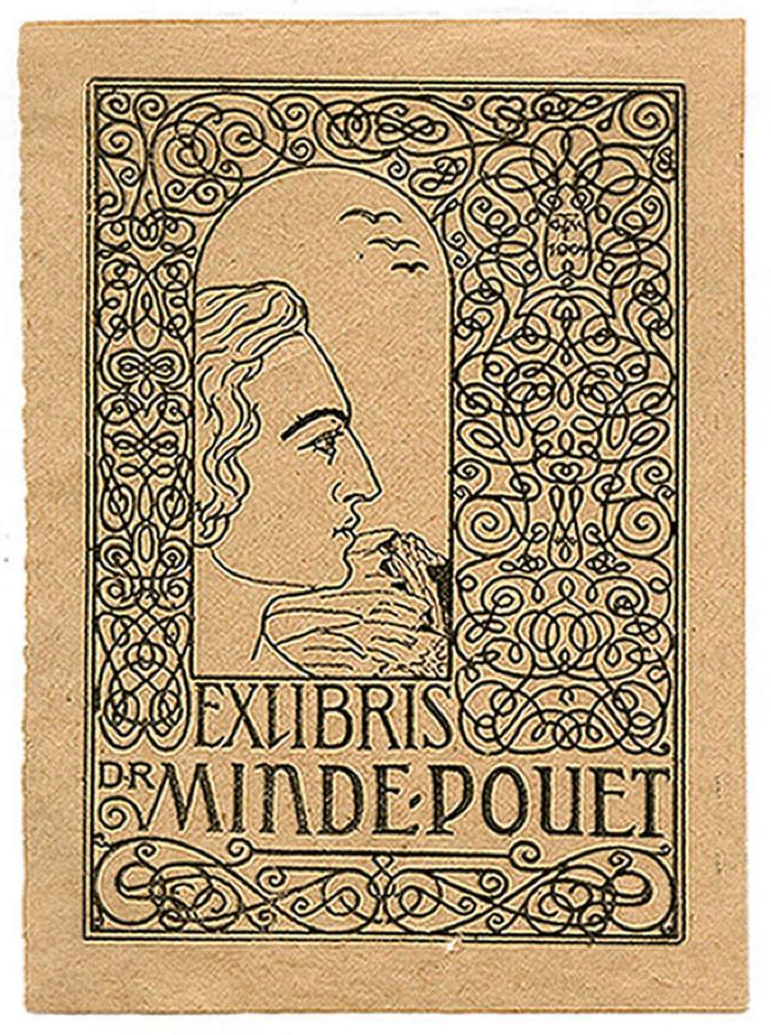 Exlibris-Nr. 711;- (Minde-Pouet, Georg), Etikett: Exlibris, Portrait, Name, Berufsangabe/Titel/Branche, Datum; 'Exlibris
Dr Minde-Pouet
GTM 1904'.  (Prototyp)