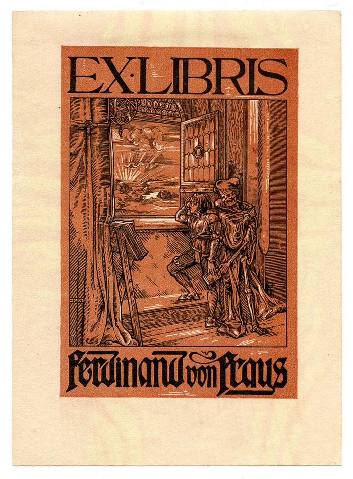 Exlibris-Nr. 800;- (Fraus, Ferdinand von), Etikett: Exlibris, Name, Initiale, Abbildung; 'Ex Libris Ferdinand von Fraus
APJG'.  (Prototyp)