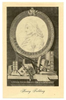 Exlibris-Nr. 799;- (Fielding, Henry), Etikett: Exlibris, Portrait, Name, Abbildung; 'Henry Fielding Ætatis XLVII.
Henry Fielding'.  (Prototyp)