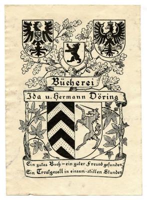 Exlibris-Nr. 797;- (Döring, Ida;Döring, Hermann), Etikett: Exlibris, Wappen, Name, Motto; 'Bücherei Ida u. Hermann Döring
Ein gutes Buch - ein guter Freund gefunden, Ein Trostgessell in einsam-stillen Stunden'.  (Prototyp)