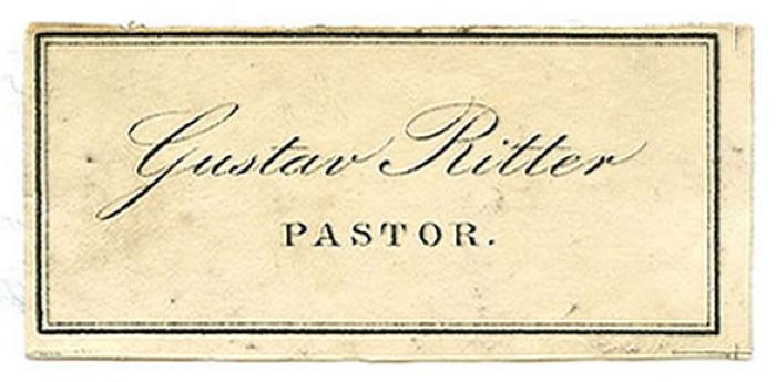 - (Ritter, Gustav), Etikett: Name, Berufsangabe/Titel/Branche; 'Gustav Ritter
Pastor.'.  (Prototyp);Exlibris-Nr. 731