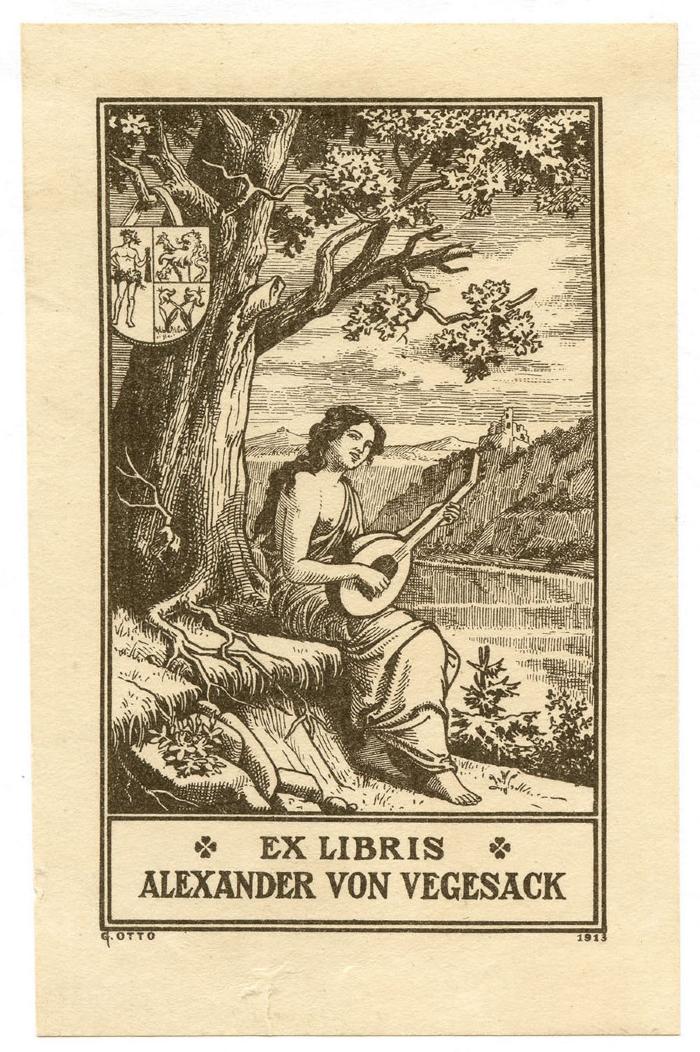 Exlibris-Nr. 763;- (Vegesack, Alexander von), Etikett: Exlibris, Name, Wappen, Datum, Abbildung; 'Ex Libris Alexander von Vegesack
G.Otto 1913'.  (Prototyp)