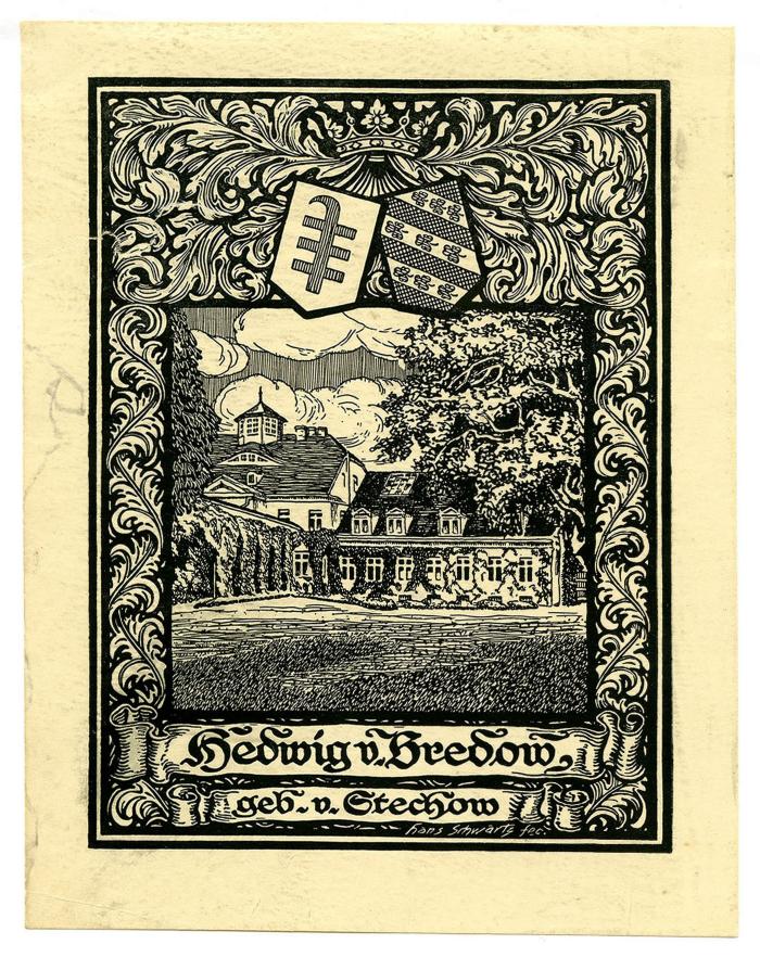 Exlibris-Nr. 795;- (Bredow, Hedwig von), Etikett: Exlibris, Name, Wappen, Abbildung; 'Hedwig v. Bredow, geb. v. Stechow'.  (Prototyp)