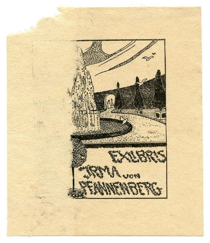 Exlibris-Nr. 724;- (Pfannenberg, Irma von), Etikett: Exlibris, Name, Abbildung; 'Exlibris Irma von Pfannenberg'.  (Prototyp)