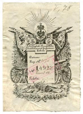 Exlibris-Nr. 784;- (Vereinigte Artillerie- und Ingenieurschule (Berlin)), Etikett: Exlibris, Berufsangabe/Titel/Branche, Name, Wappen, Abbildung; 'Königlich-Preußische Artillerie- und Ingenieur-Schule
Datum:
Zug. No.
No.
Tafeln.
Gaillard, Ph.'.  (Prototyp);- (Vereinigte Artillerie- und Ingenieurschule (Berlin)), Von Hand: Signatur; 'V, 78'. ;- (Vereinigte Artillerie- und Ingenieurschule (Berlin)), Von Hand: Inventar-/ Zugangsnummer, Signatur, Datum; '15.12.00
9170.
Band 13.
./.'. ;- (Vereinigte Artillerie- und Ingenieurschule (Berlin)), Stempel: Signatur; '14923'. 