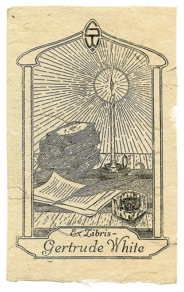 Exlibris-Nr. 771;- (White, Gertrude), Etikett: Exlibris, Initiale, Name, Abbildung; 'Ex Libris Gertrude White
GW'.  (Prototyp)