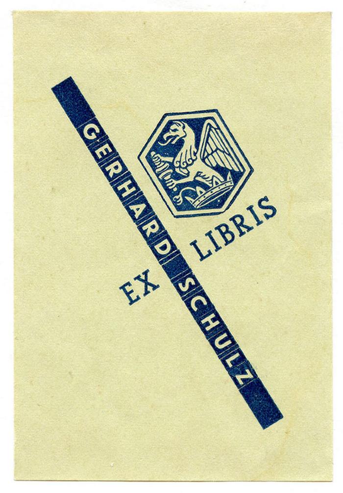 Exlibris-Nr. 741;- (Schulz, Gerhard), Etikett: Exlibris, Wappen, Name; 'Ex Libris Gerhard Schulz'.  (Prototyp)