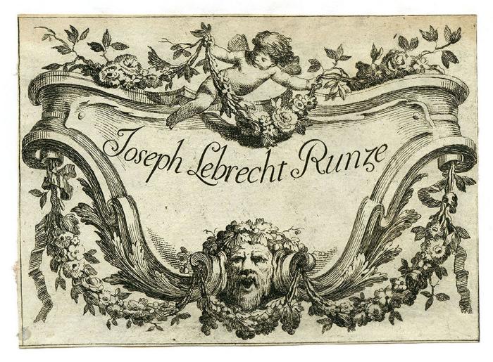 Exlibris-Nr. 734;- (Runze, Joseph Lebrecht), Etikett: Exlibris, Name, Abbildung; 'Joseph Lebrecht Runze'.  (Prototyp)