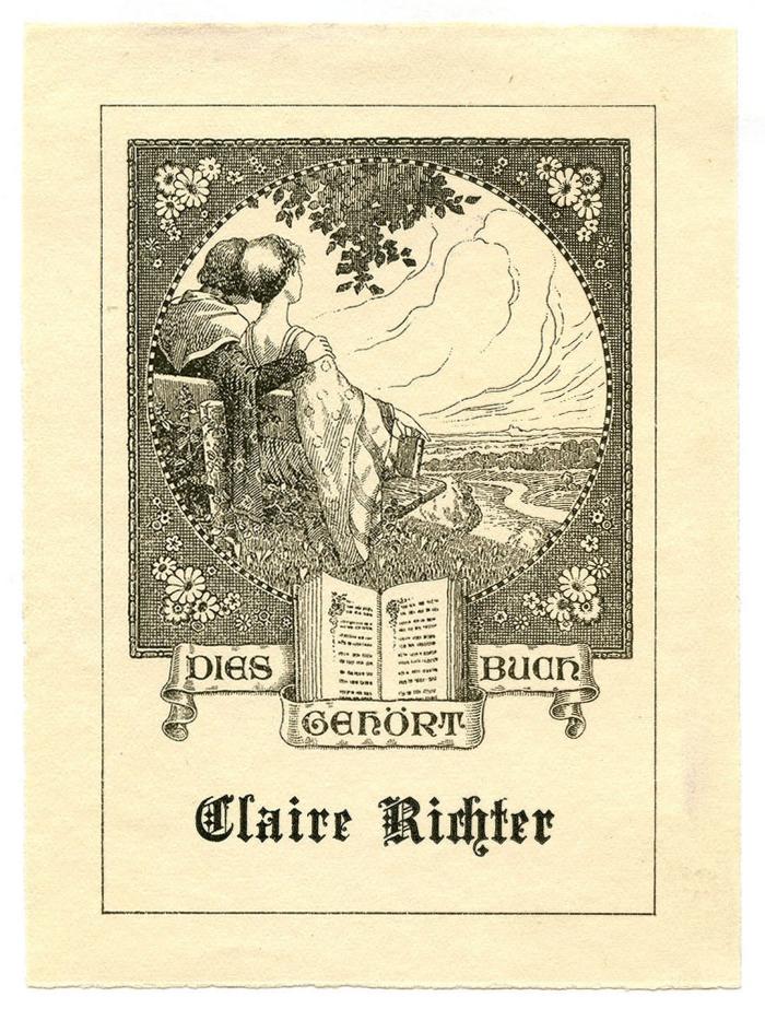 Exlibris-Nr. 729;- (Richter, Claire), Etikett: Exlibris, Name, Abbildung; 'Dies Buch gehört Claire Richter'.  (Prototyp)