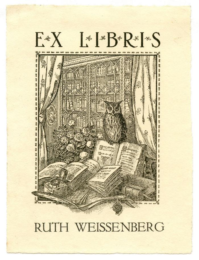 Exlibris-Nr. 770;- (Weissenberg, Ruth), Etikett: Exlibris, Name, Abbildung; 'Ex Libris Ruth Weissenberg'.  (Prototyp)