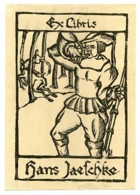 Exlibris-Nr. 802;- (Jaeschke, Hans), Etikett: Exlibris, Name, Abbildung; 'Ex Libris Hans Jaeschke'.  (Prototyp)