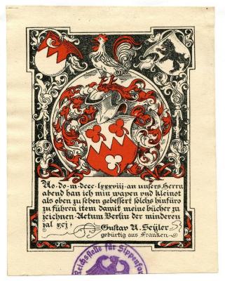 Exlibris-Nr. 746;- (Seyler, Gustav A.), Etikett: Exlibris, Wappen, Name, Datum; 'Ao do m dccc lxxxviii an unsers Herrn abend han ich min wapen und kleinot als oben zu sehen gebessert solchs hinfüro zu führen item damit meine bücher zu zeichnen.
Aetum Berlin der minderen zal xci
Gustav A. Seyler
gebürtig aus Franken'.  (Prototyp)