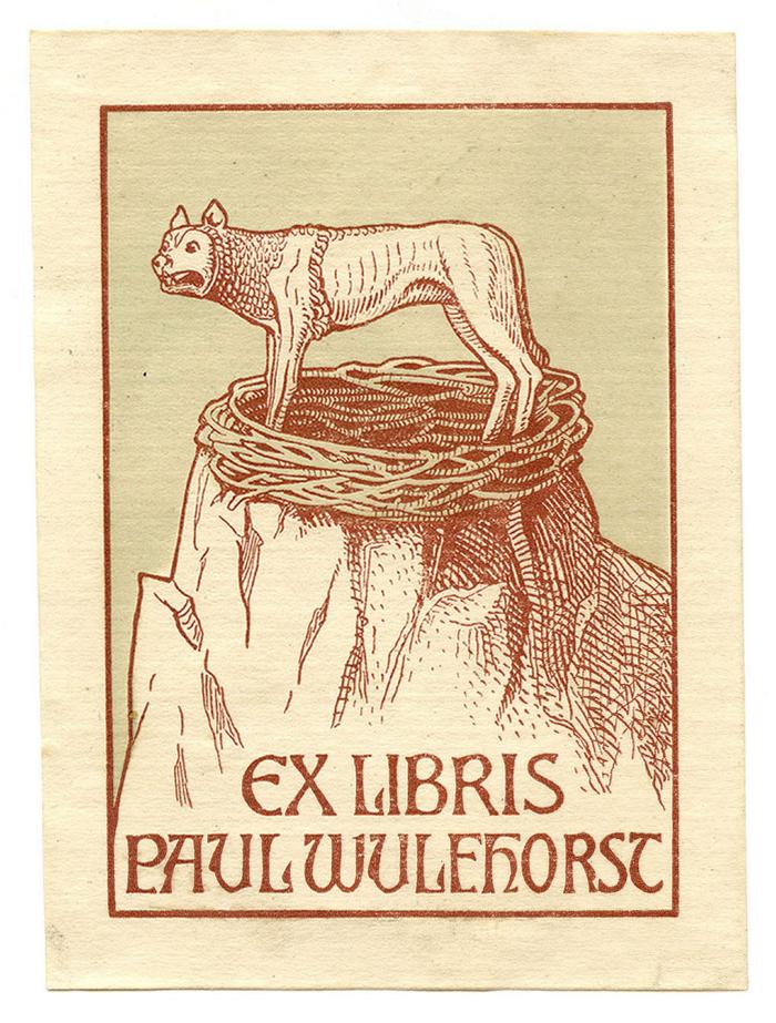 Exlibris-Nr. 779;- (Wulfhorst, Paul), Etikett: Exlibris, Name, Abbildung; 'Ex Libris Paul Wulfhorst'.  (Prototyp)