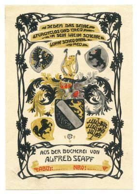 Exlibris-Nr. 749;- (Stapf, Alfred), Etikett: Exlibris, Wappen, Name, Motto; 'Jedem das Seine
Furchtlos und treu
im Sein wie im Scheine
Lohn' scheu ohne Reu
Aus der Bücherei von Alfred Stapf
Abth:... Nro:...'.  (Prototyp)