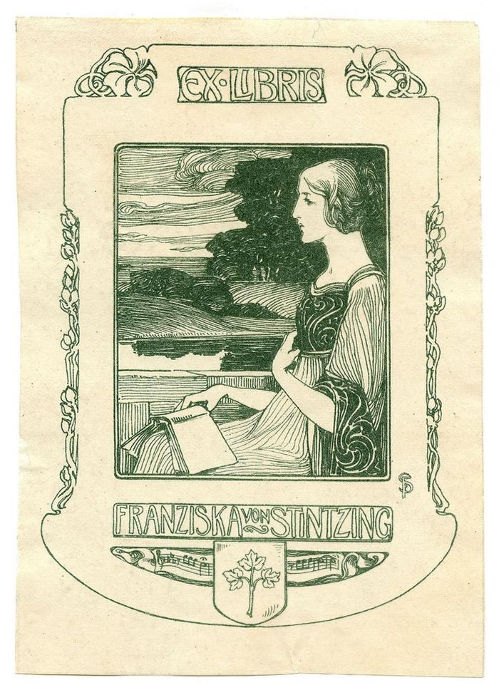 Exlibris-Nr. 817;- (Stintzing, Franziska von), Etikett: Exlibris, Portrait, Name, Wappen, Initiale; 'Ex-Libris Franziska von Stintzing
FS'.  (Prototyp)