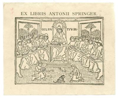 Exlibris-Nr. 816;- (Springer, Anton), Etikett: Exlibris, Name, Motto, Abbildung; 'Ex Libris Antonii Springer. Silentium'.  (Prototyp)