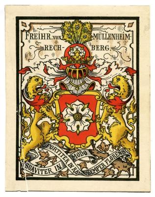 Exlibris-Nr. 810;- (Müllenheim-Rechberg, Burkard von), Etikett: Exlibris, Berufsangabe/Titel/Branche, Name, Motto, Wappen; 'Freihr. von Müllenheim-Rechberg
fortiter in re
suaviter in modo
semper florens'.  (Prototyp)