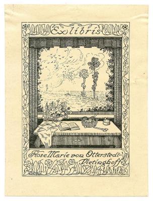 Exlibris-Nr. 812;- (Otterstedt-Vietinghoff, Rose Marie von), Etikett: Exlibris, Name, Abbildung; 'Ex libris Rose Marie von Otterstedt-Vietinghoff
Arth Stein'.  (Prototyp)