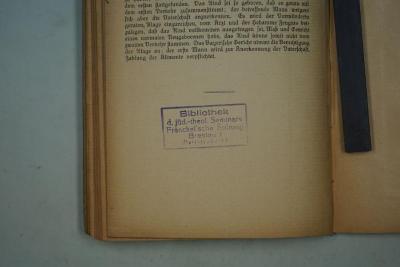 - (Jüdisch-Theologisches Seminar Fraenckel'scher Stiftung (Breslau) ), Stempel: Zeichen, Ortsangabe, Name; 'Bibliothek d. jüd.-theol. Seminars Fränckel'sche Stiftung
Breslau I
Wallstraße 14'. 