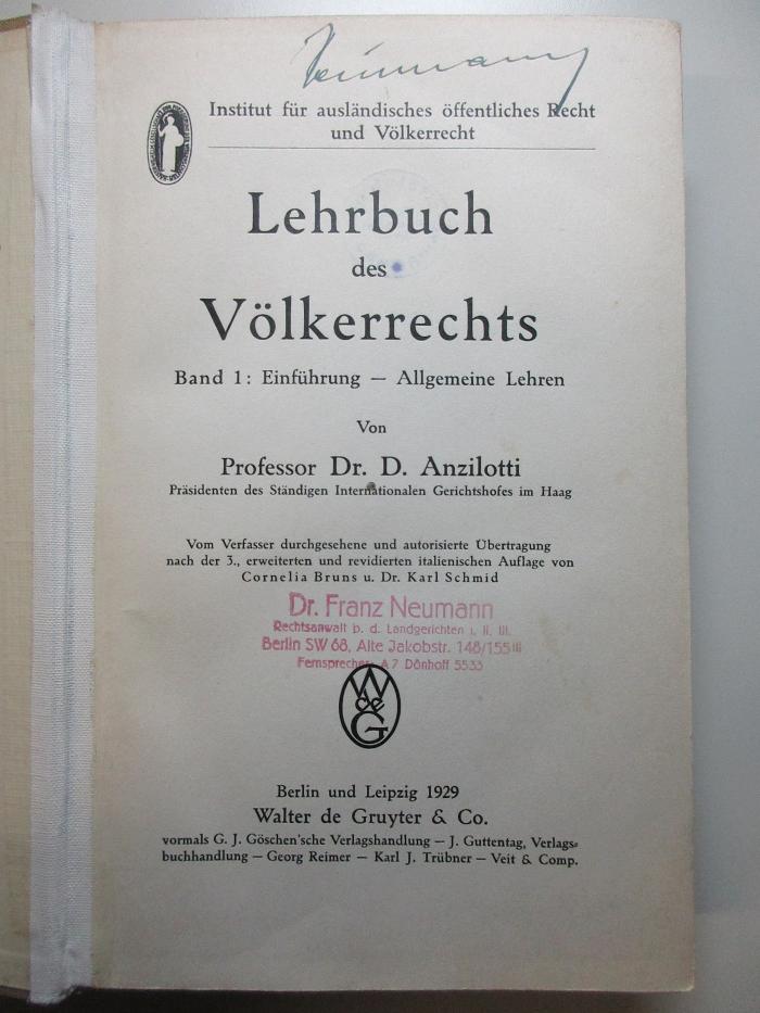 6 C 60<a>-1 : Lehrbuch des Völkerrechts: Einführung - Allgemeine Lehren (1929)</a>