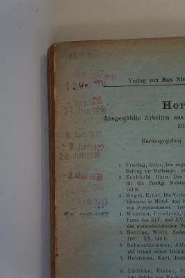 95 057872 : Untersuchungen zur vorlutherischen Bibelübersetzung : eine syntaktische Studie (1922);- (Universitätsbibliothek Berlin), Stempel: Datum; '12.3.30. 
27. Okt. 1931
[...]
6. April 1937
[...]
30. Juni 1955'. 