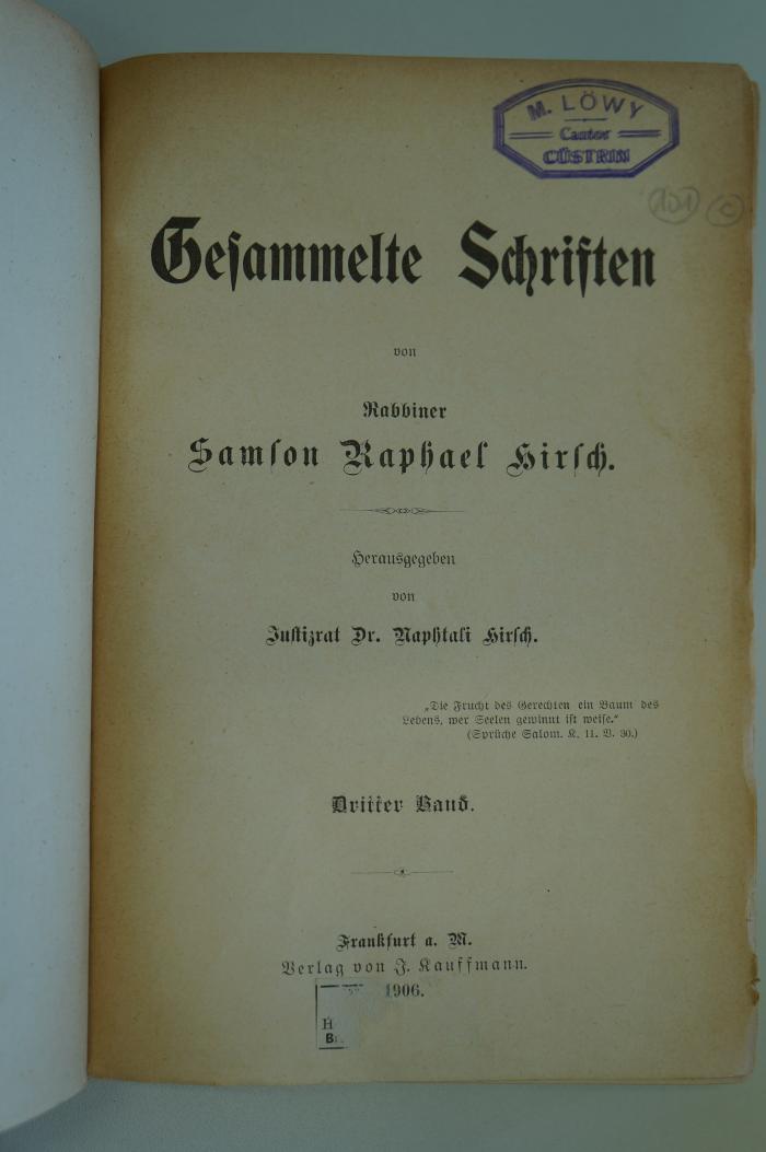 96 017373c : Gesammelte Schriften von Rabbiner Samson Raphael Hirsch, Bd. 3 (1906)