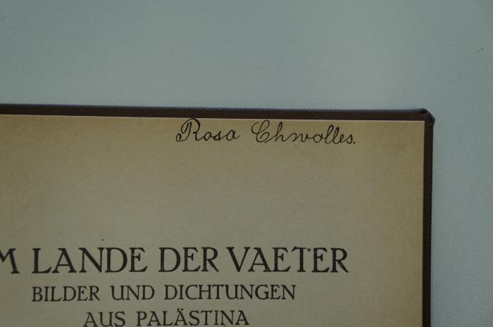 97 023642 : Im Lande der Väter : Bilder und Dichtungen aus Palästina (1920);- (Chwolles, Rosa), Von Hand: Autogramm; 'Rosa Chwolles'. 