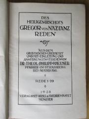 BO 1160 B582-1,59+3 : Des heiligen Bischofs Gregor von Nazianz Reden; Bd. 1 (1928)