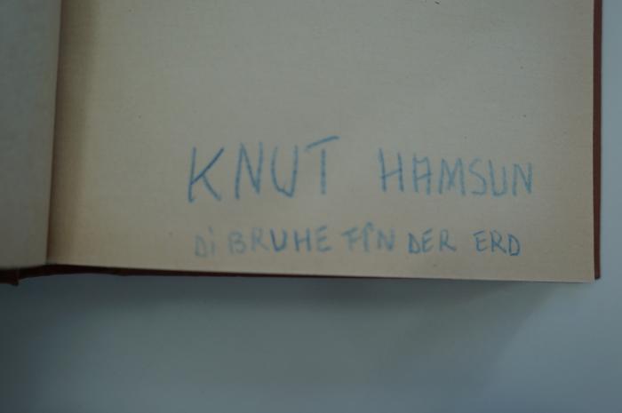 98 031045 : די ברכה פון דער ערד (1926);- (unbekannt), Von Hand: Autor; 'Knut Hamsun
Di Bruhe fîn der erd'. 