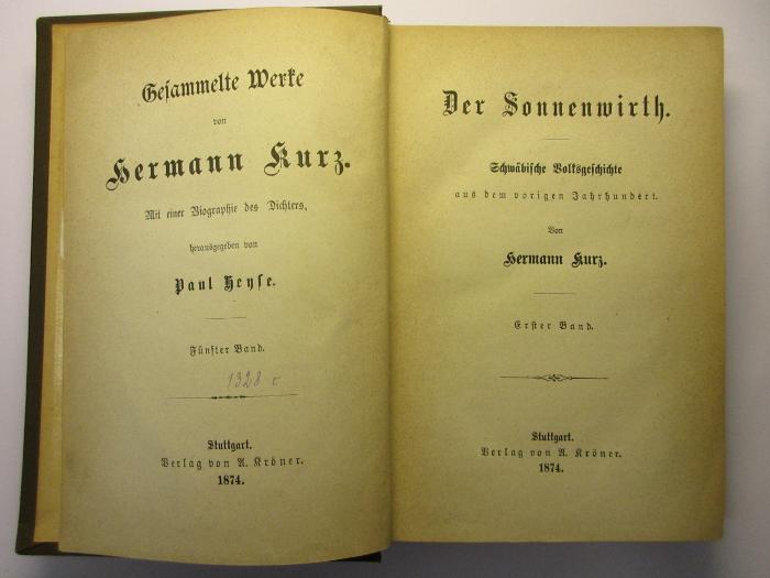 17 L 402-5/6 : Der Sonnewirth : Schwäbische Volksgeschichte aus dem vorigen Jahrundert (1874)