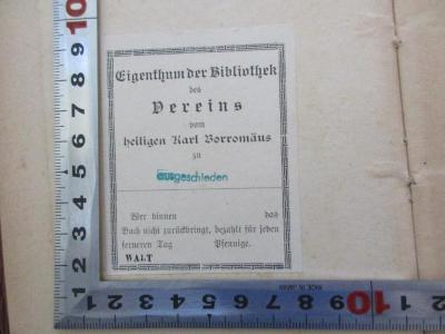 BN 2052 K64-3(2) : Die Theologie der Vorzeit; Bd. 3 (1870);- (Bibliothek des Vereins vom heiligen Karl Borromäus zu;Borromäusverein), Etikett: Name; 'Eigenthum der Bibliothek des Vereins vom heiligen Karl Borromäus zu'.  (Prototyp)