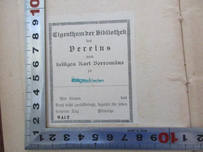 BN 2052 K64-3(2) : Die Theologie der Vorzeit; Bd. 3 (1870);- (Bibliothek des Vereins vom heiligen Karl Borromäus zu;Borromäusverein), Etikett: Name; 'Eigenthum der Bibliothek des Vereins vom heiligen Karl Borromäus zu'.  (Prototyp)