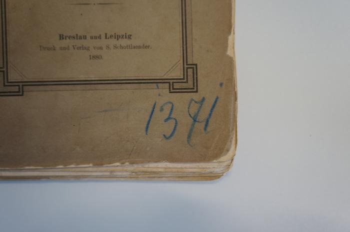 27A 002732  : Blicke in die Religionsgeschichte zu Anfang des zweiten christlichen Jahrhunderts, (Bd.1) : Der Talmud und die griechische Sprache  (1880);- (unbekannt), Von Hand: Nummer; '1371'. 