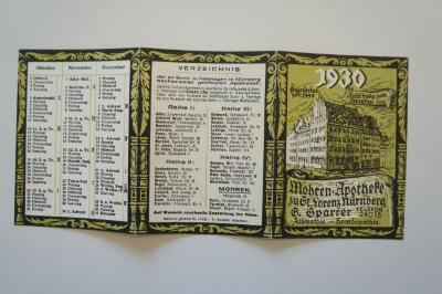 02A.009262 : Jahrbuch für jüdische Geschichte und Literatur (1901);- (Mohren-Apotheke Nürnberg), Papier: Name, Ortsangabe, Datum; '1930
gegründet vor 1442
Apotheke zum Mohren 1717
Mohren-Apotheke zu St. Lorenz Nürnberg
G. Sparrer
Telefon 24015
Allopathie - Homöopathie
'. 