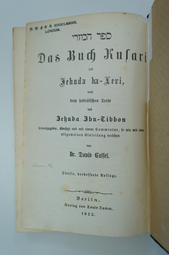 02A.002975 : ספר הכוזרי = Das Buch Kusari des Jehuda ha-Levi nach dem hebräischen Texte des Jehuda Ibn-Tibbon (1922)